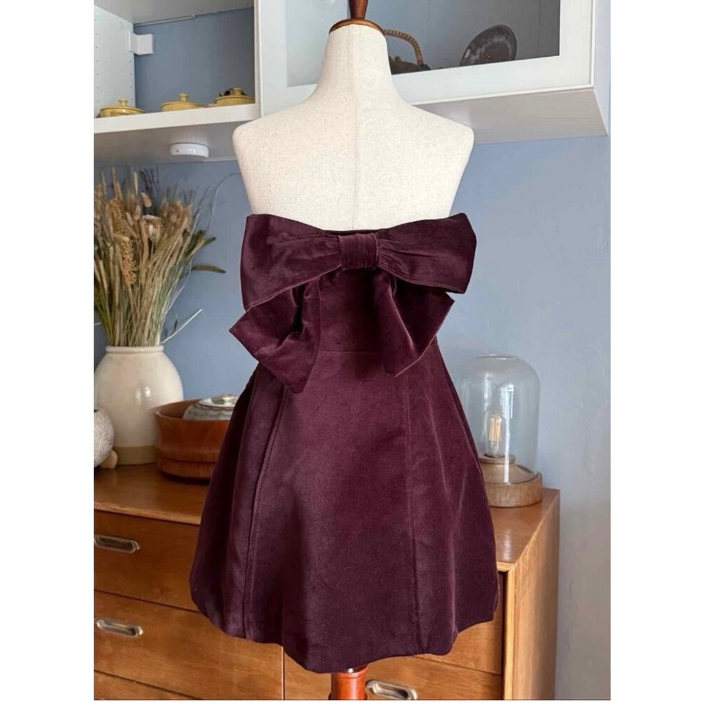 Poshmark ZARA Velvet Bow Mini Dress Burgundy Maroon Strapless Size S in Brown - Picture 4 of 4